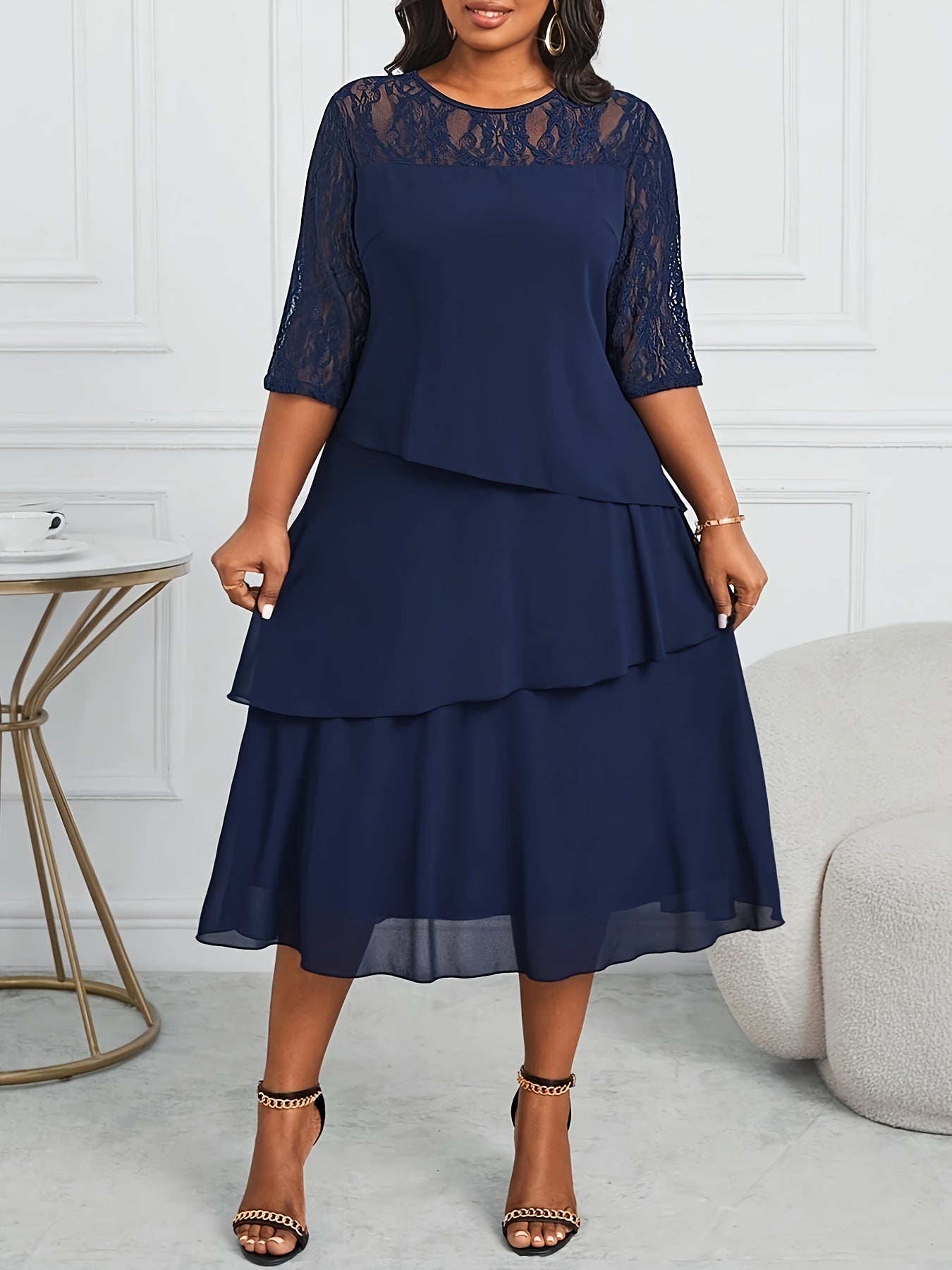 Elise | Lace Three-Quarter Sleeve Midi Dress