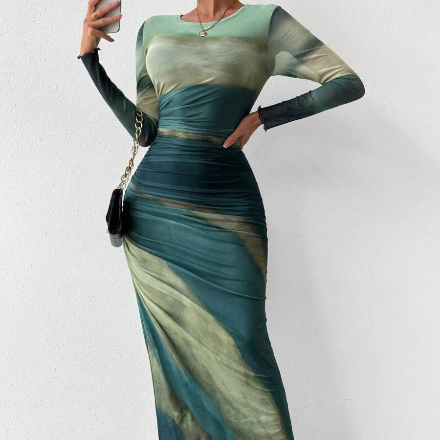 TORINA™ - Comfy Printed Long Sleeve Round Neck Bodycon Maxi Dress