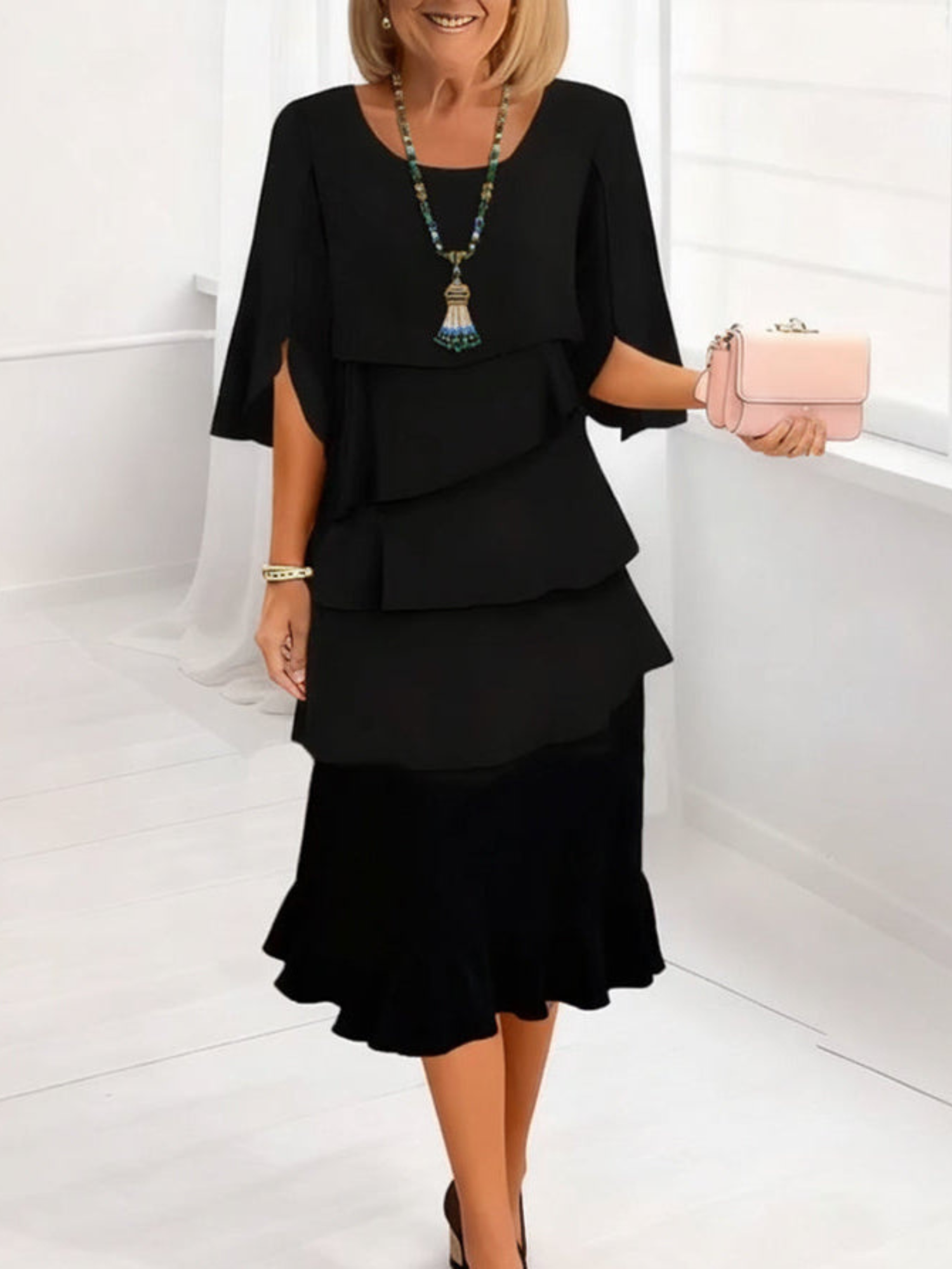 Evelia - Elegant Round Neck Ruffled Dress