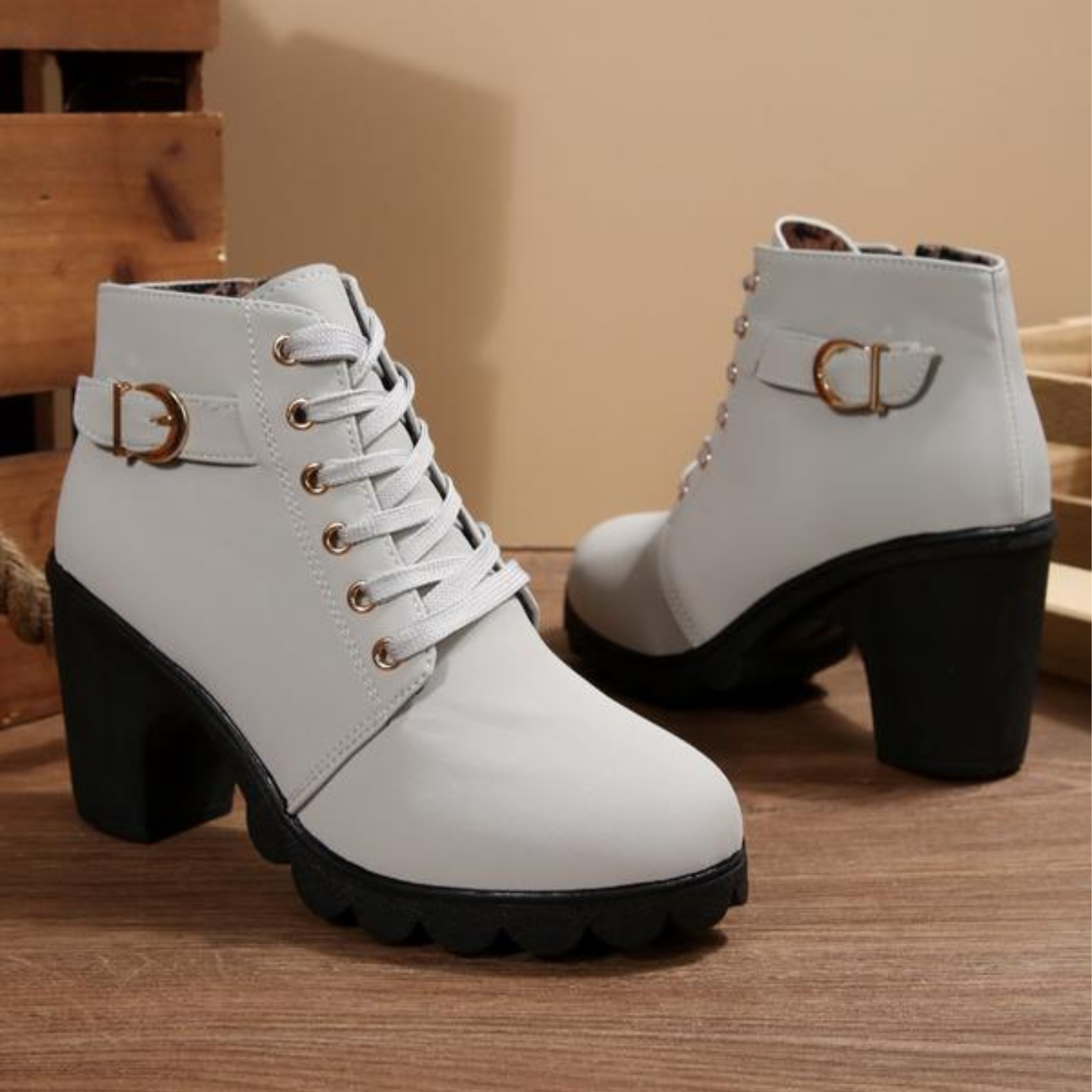 KATNI™ - Chic Lace-Up Metal Buckle Chunky Ankle Boots