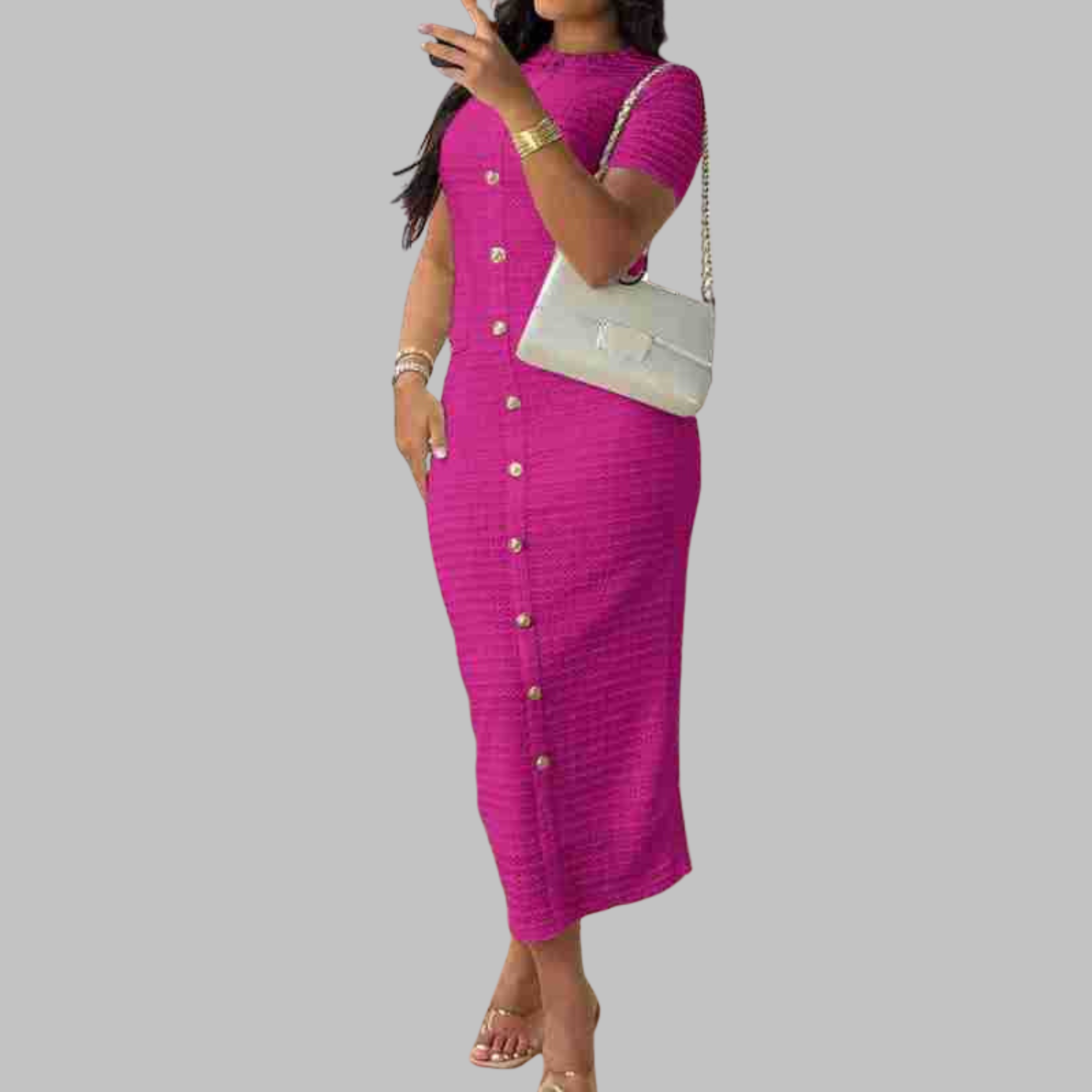 RACHEL™ - Elegant Round Neck Fake Button Dress