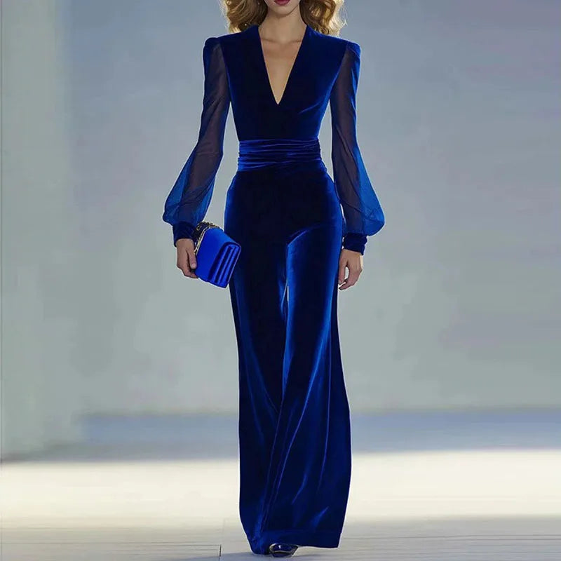 Serena | Elegant Velvet Mesh-Sleeve Jumpsuit