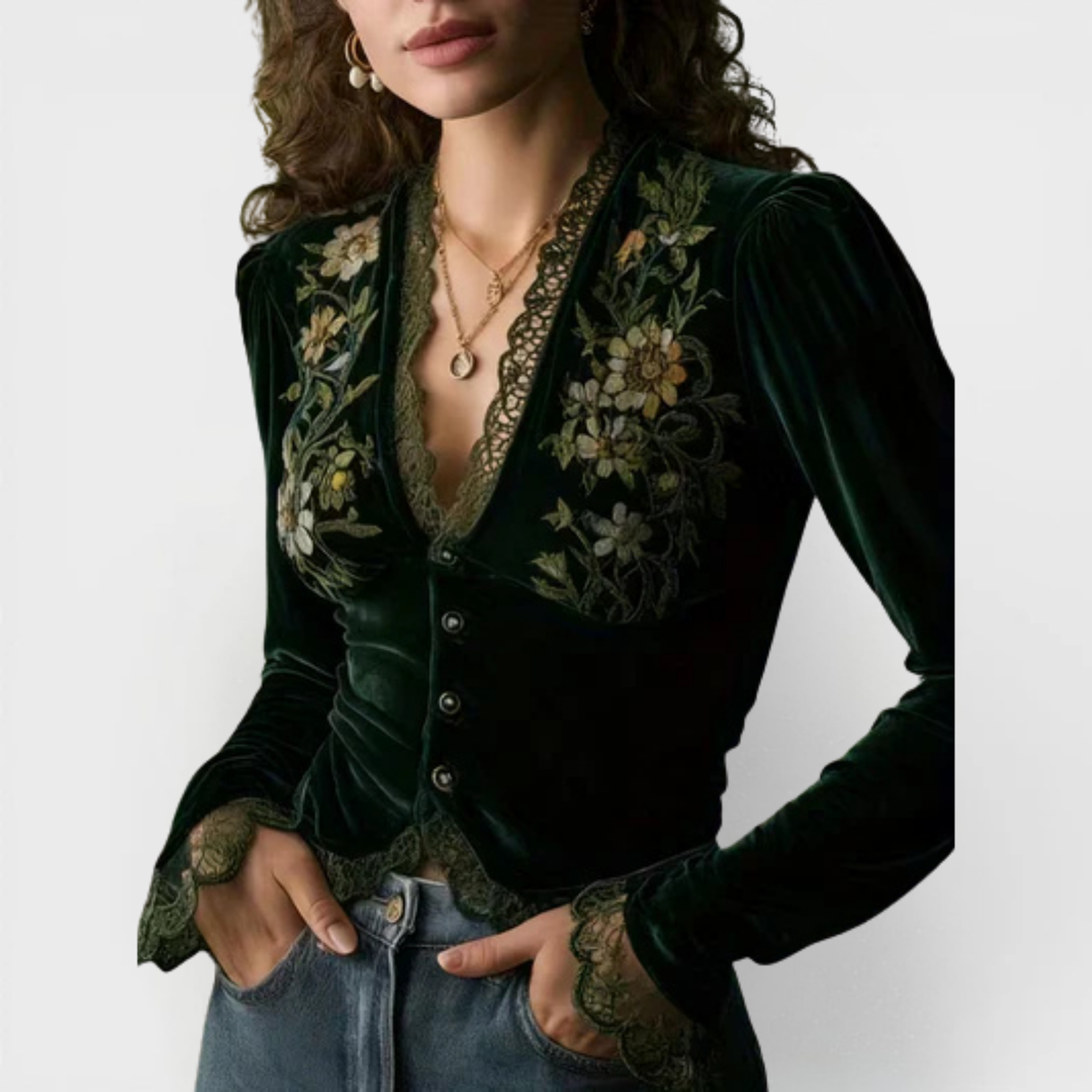 Aitana | Velvet Blouse with Embroidered Flowers